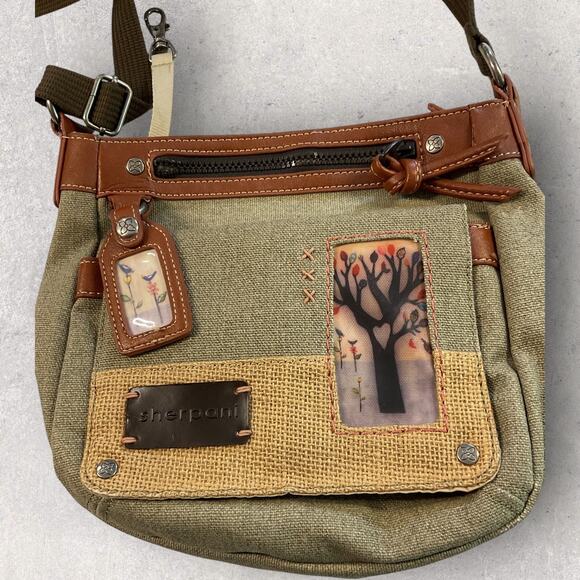 Sherpani Crossbody Purse Canvas Leather Trim Boho Tree Patch Green Brown Bag - Picture 10 of 12